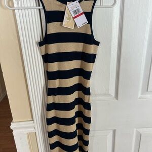 Michael Kors Navy and Tan Striped Midi Dress